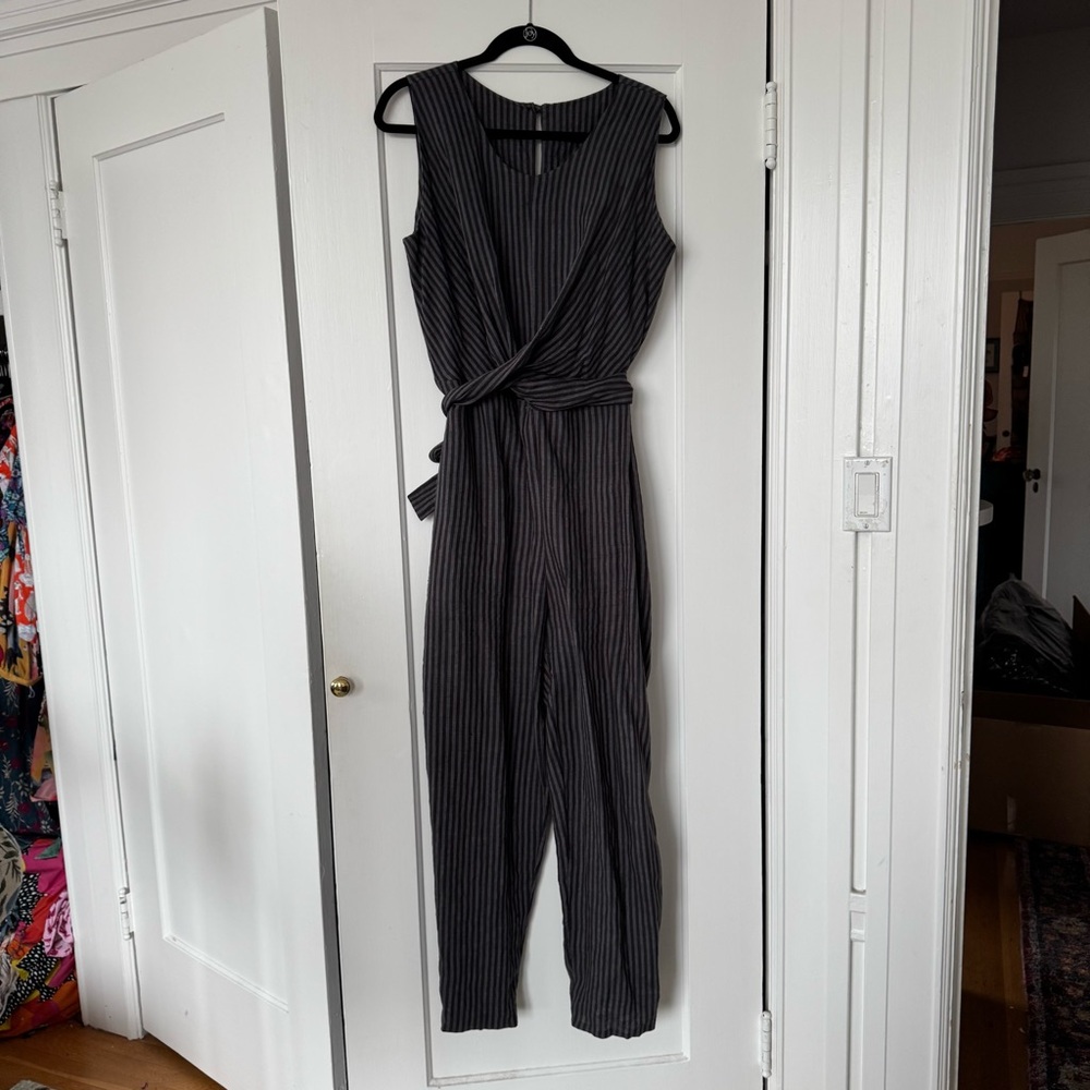 Grey linen striped jumpsuit